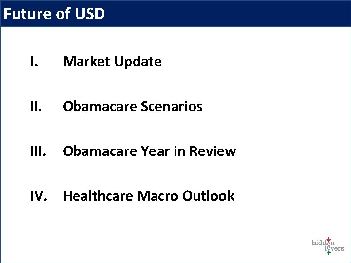 Future of USD I. Market Update II. Obamacare Scenarios III. Obamacare Year in Review