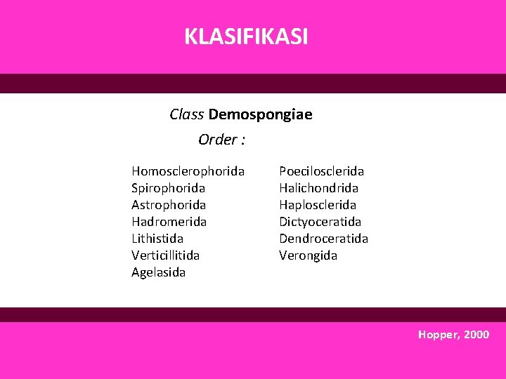 KLASIFIKASI Class Demospongiae Order : Homosclerophorida Spirophorida Astrophorida Hadromerida Lithistida Verticillitida Agelasida Poecilosclerida Halichondrida