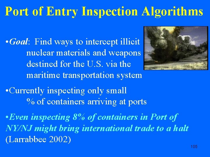 Port of Entry Inspection Algorithms • Goal: Find ways to intercept illicit nuclear materials