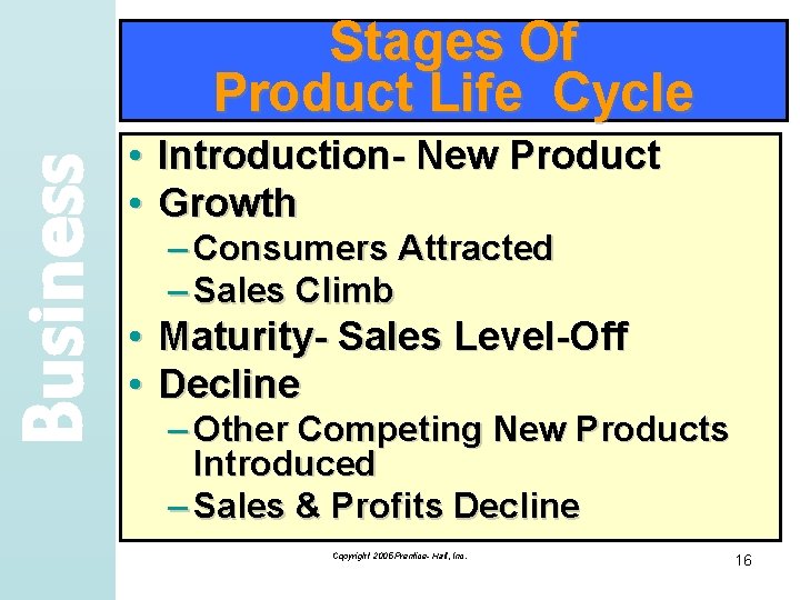 Business Stages Of Product Life Cycle • • Introduction- New Product Growth – Consumers