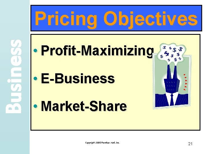 Business Pricing Objectives • Profit-Maximizing • E-Business • Market-Share Copyright 2005 Prentice- Hall, Inc.