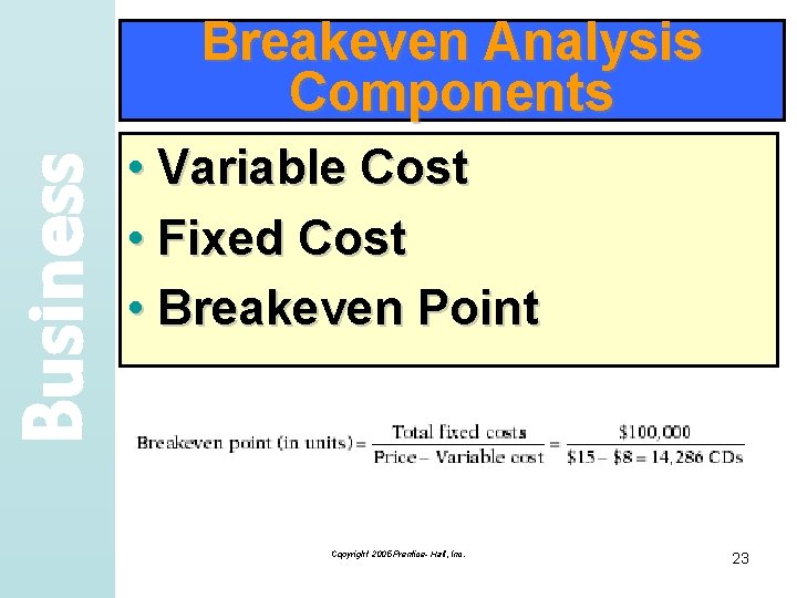 Business Breakeven Analysis Components • Variable Cost • Fixed Cost • Breakeven Point Copyright