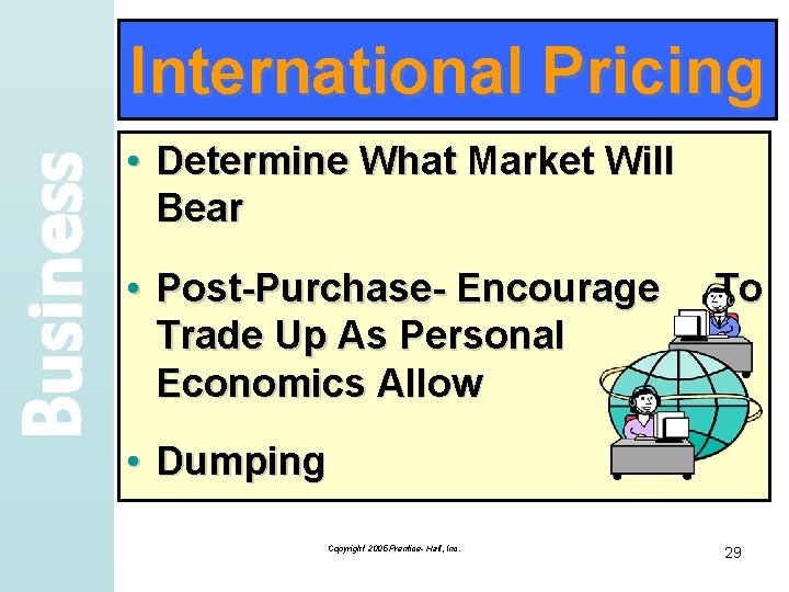 Business International Pricing • Determine What Market Will Bear • Post-Purchase- Encourage Trade Up