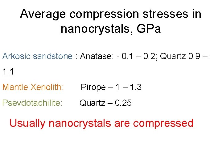 Average compression stresses in nanocrystals, GPa Arkosic sandstone : Anatase: - 0. 1 –