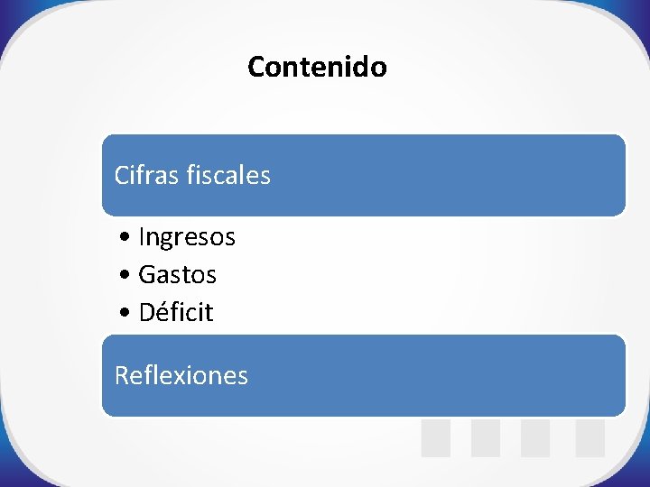 Contenido Cifras fiscales • Ingresos • Gastos • Déficit Reflexiones 