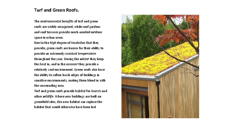 Turf and Green Roofs. The environmental benefits of turf and green roofs are widely