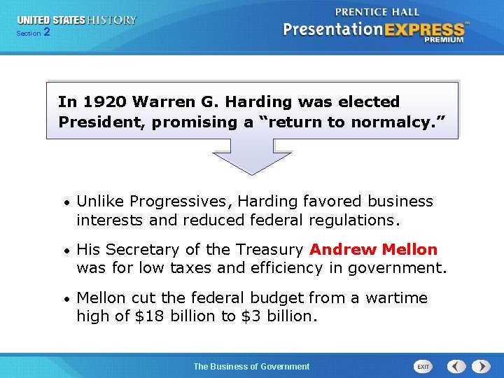 225 Section Chapter Section 1 In 1920 Warren G. Harding was elected President, promising