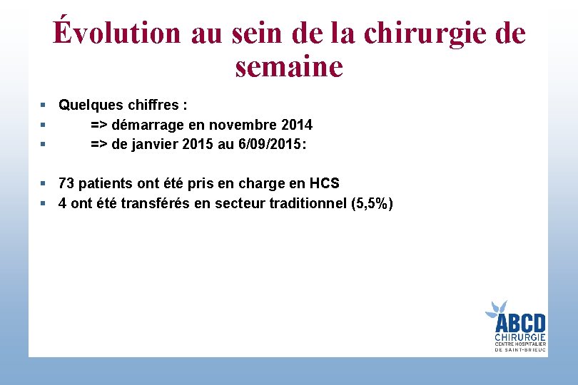 Évolution au sein de la chirurgie de semaine § Quelques chiffres : § =>