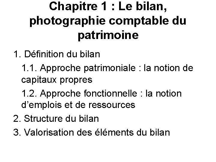 Chapitre 1 : Le bilan, photographie comptable du patrimoine 1. Définition du bilan 1.
