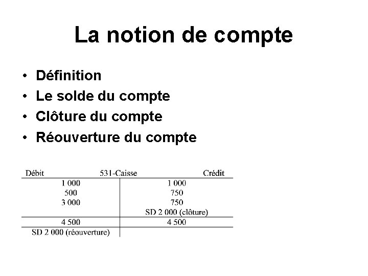 La notion de compte • • Définition Le solde du compte Clôture du compte