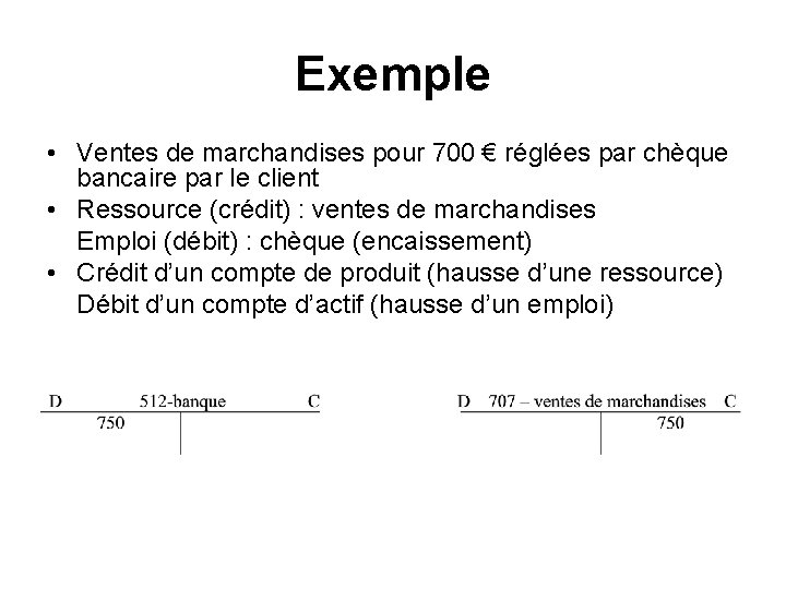 Exemple • Ventes de marchandises pour 700 € réglées par chèque bancaire par le