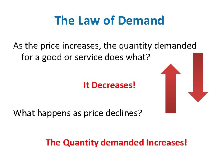 The Law of Demand As the price increases, the quantity demanded for a good