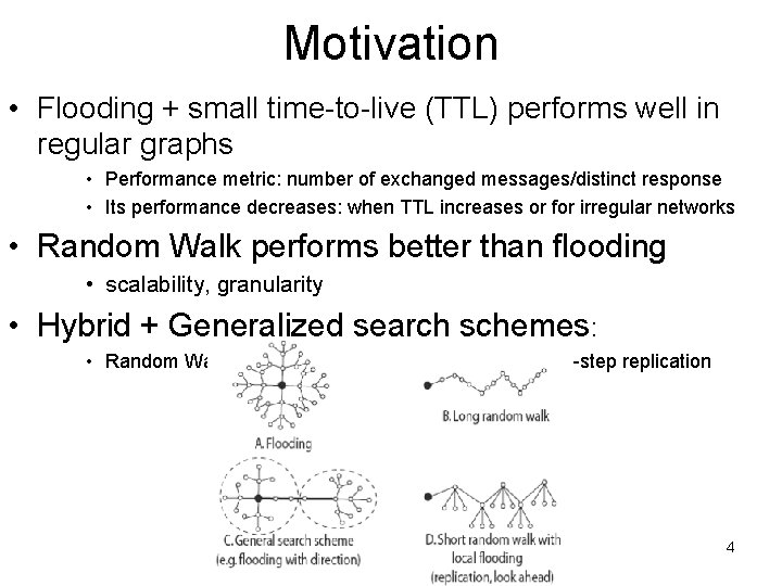 Motivation • Flooding + small time-to-live (TTL) performs well in regular graphs • Performance