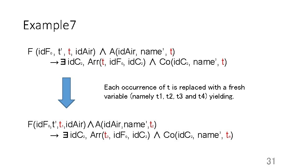 Example 7 F (id. F , t’ , t, id. Air) ∧ A(id. Air,