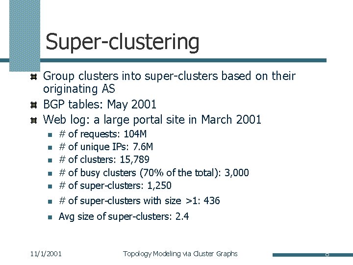 Super-clustering Group clusters into super-clusters based on their originating AS BGP tables: May 2001