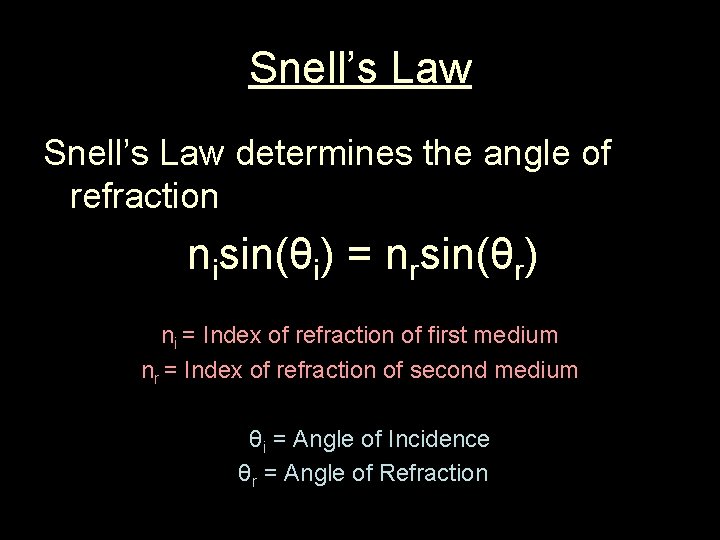 Snell’s Law determines the angle of refraction nisin(θi) = nrsin(θr) ni = Index of
