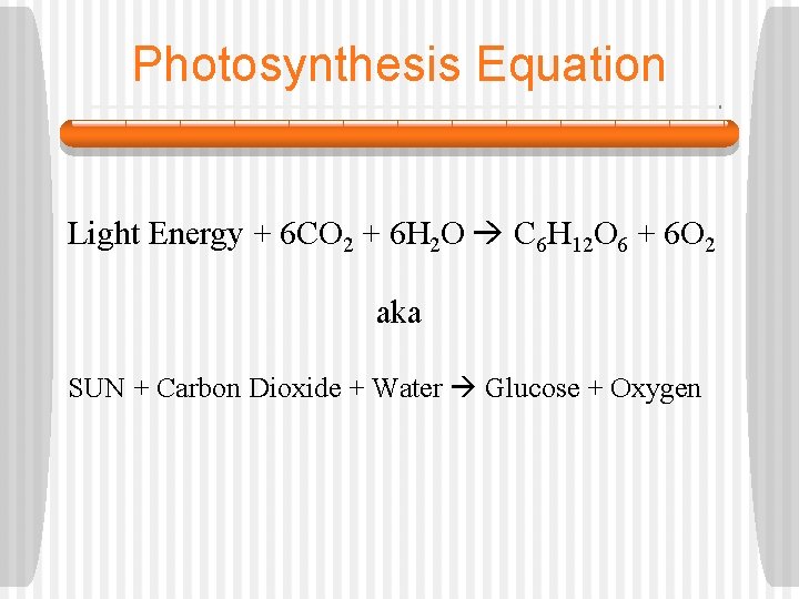 Photosynthesis Equation Light Energy + 6 CO 2 + 6 H 2 O C