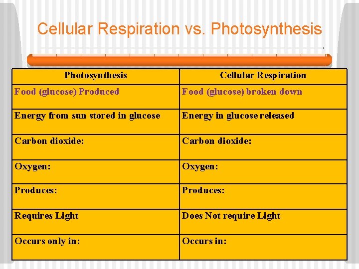 Cellular Respiration vs. Photosynthesis Cellular Respiration Food (glucose) Produced Food (glucose) broken down Energy