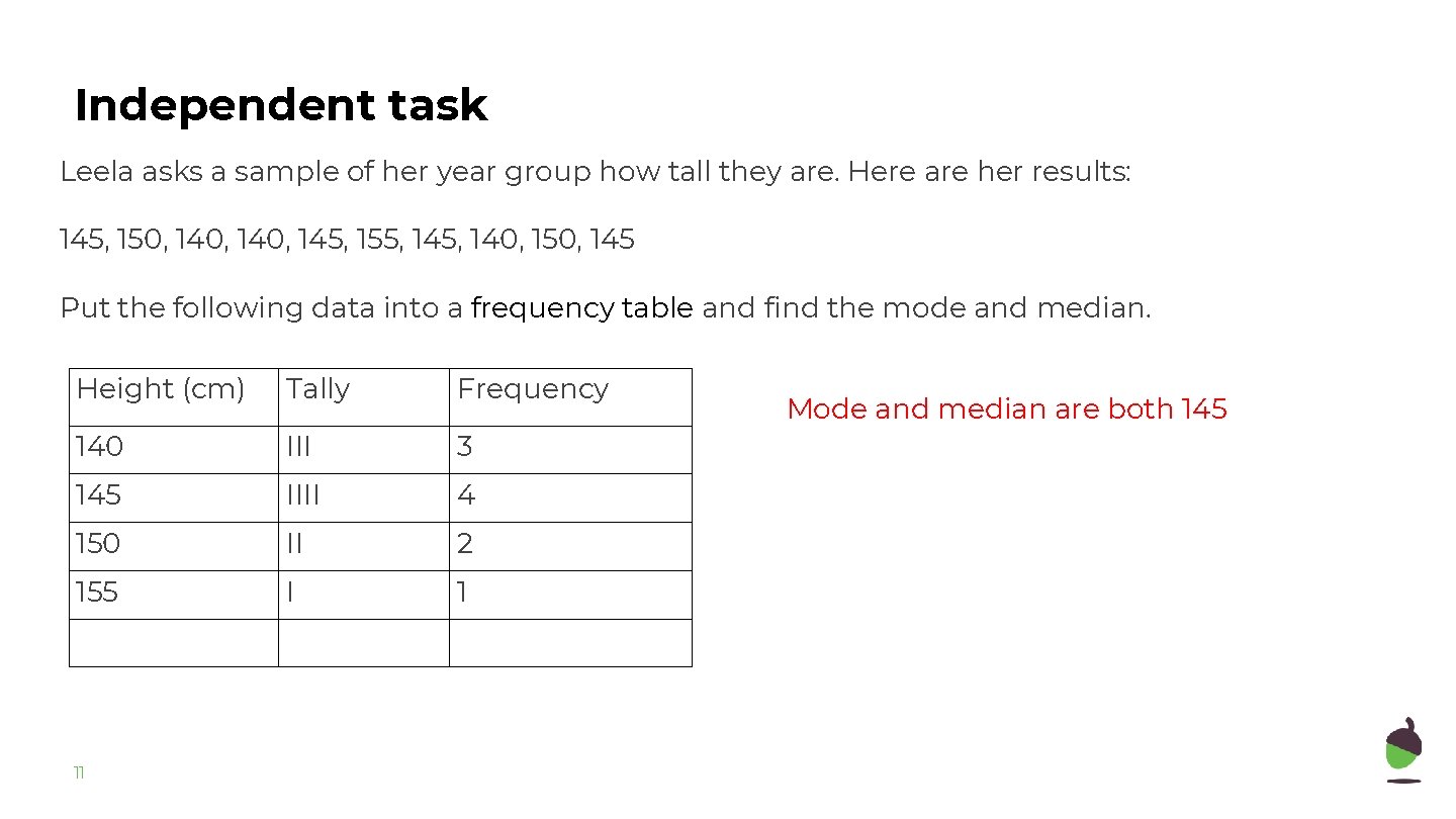 Independent task Leela asks a sample of her year group how tall they are.
