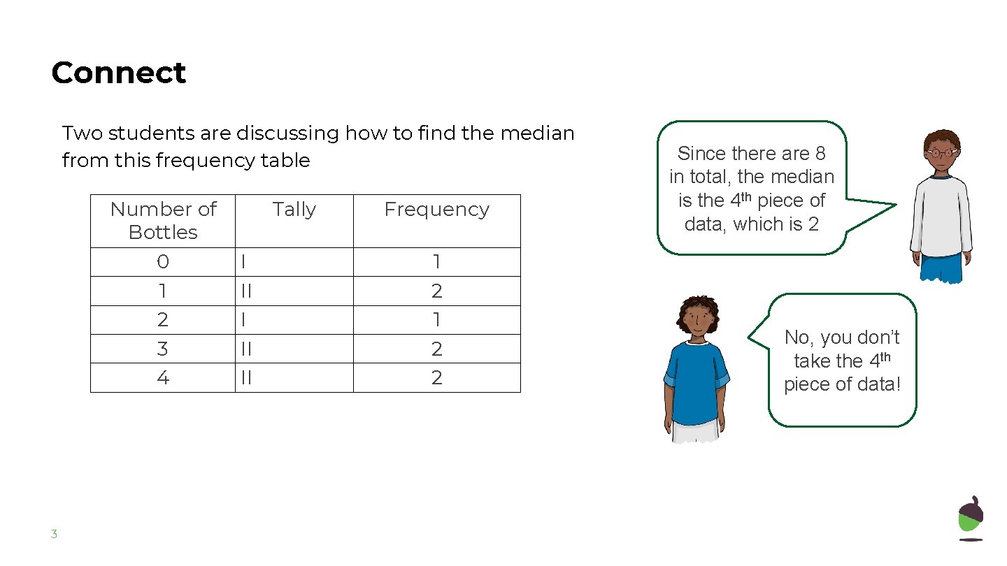 Connect Two students are discussing how to find the median from this frequency table