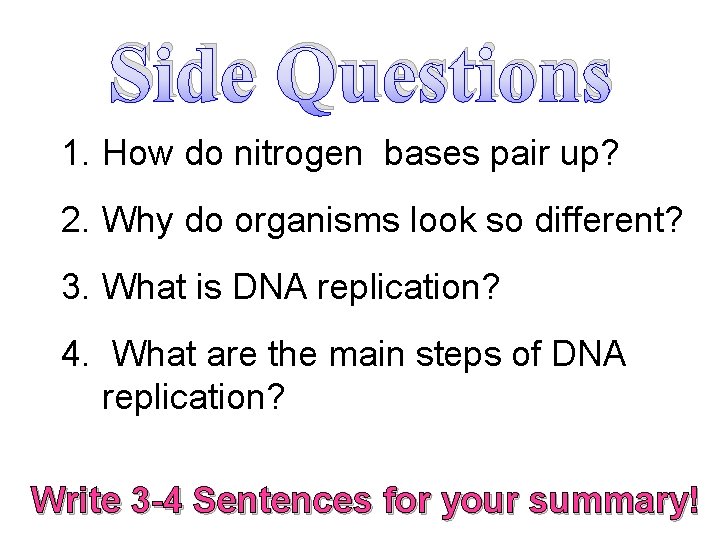 Side Questions 1. How do nitrogen bases pair up? 2. Why do organisms look