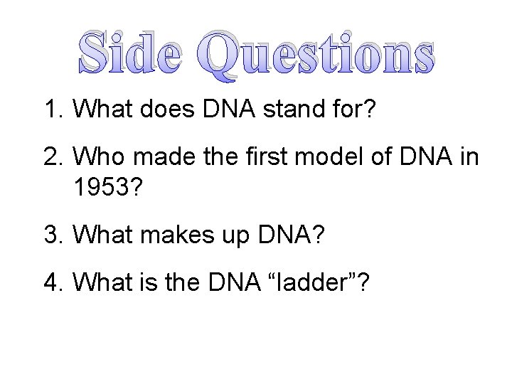 Side Questions 1. What does DNA stand for? 2. Who made the first model