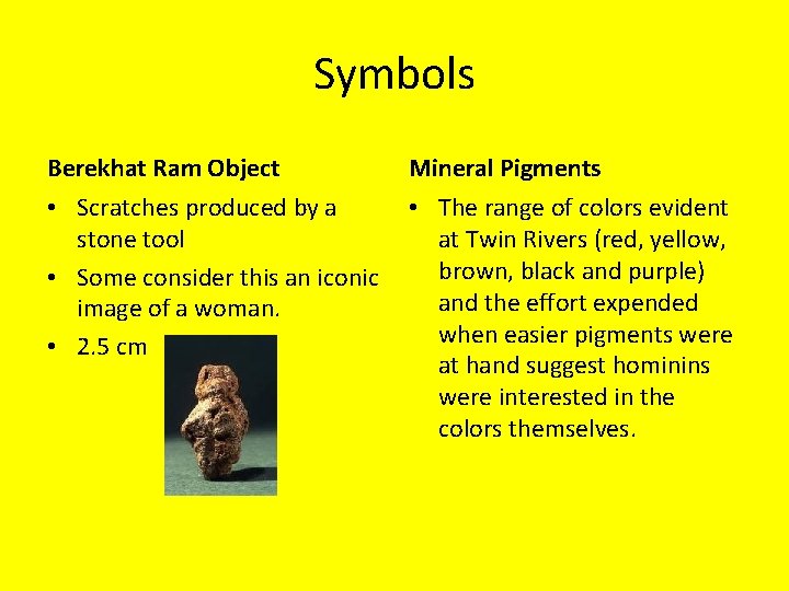 Symbols Berekhat Ram Object Mineral Pigments • Scratches produced by a stone tool •