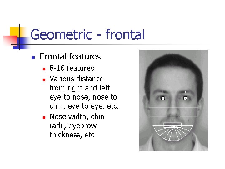 Geometric - frontal n Frontal features n n n 8 -16 features Various distance