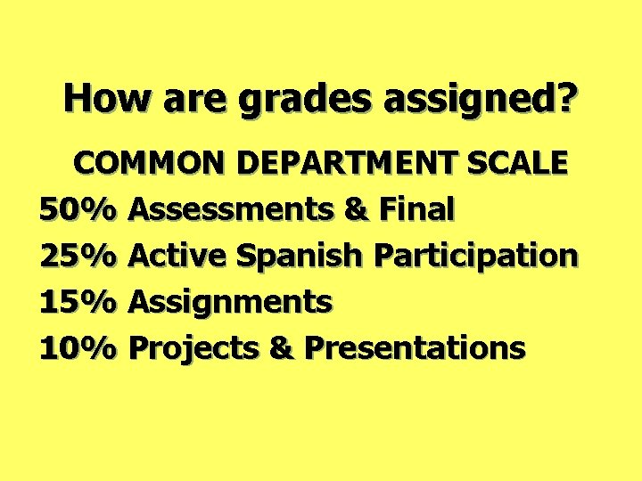 How are grades assigned? COMMON DEPARTMENT SCALE 50% Assessments & Final 25% Active Spanish