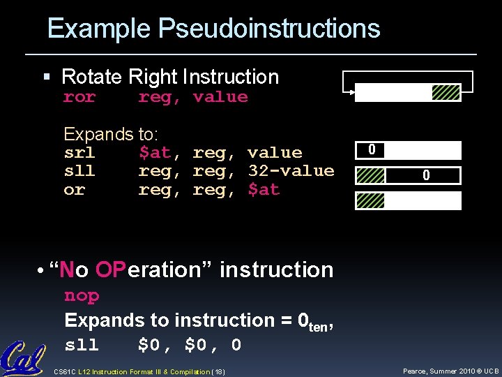 Example Pseudoinstructions Rotate Right Instruction ror reg, value Expands to: srl $at, reg, value Example Pseudoinstructions Rotate Right Instruction ror reg, value Expands to: srl $at, reg, value