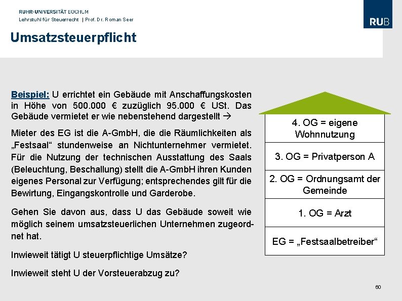 Lehrstuhl für Steuerrecht | Prof. Dr. Roman Seer Umsatzsteuerpflicht Beispiel: U errichtet ein Gebäude