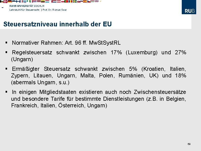 Umsatzsteuer in EU-Ländern Lehrstuhl für Steuerrecht | Prof. Dr. Roman Seer Steuersatzniveau innerhalb der