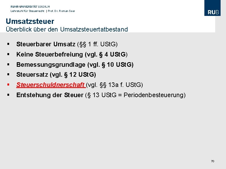 Lehrstuhl für Steuerrecht | Prof. Dr. Roman Seer Umsatzsteuer Überblick über den Umsatzsteuertatbestand §