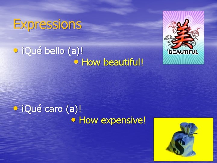 Expressions • ¡Qué bello (a)! • How beautiful! • ¡Qué caro (a)! • How