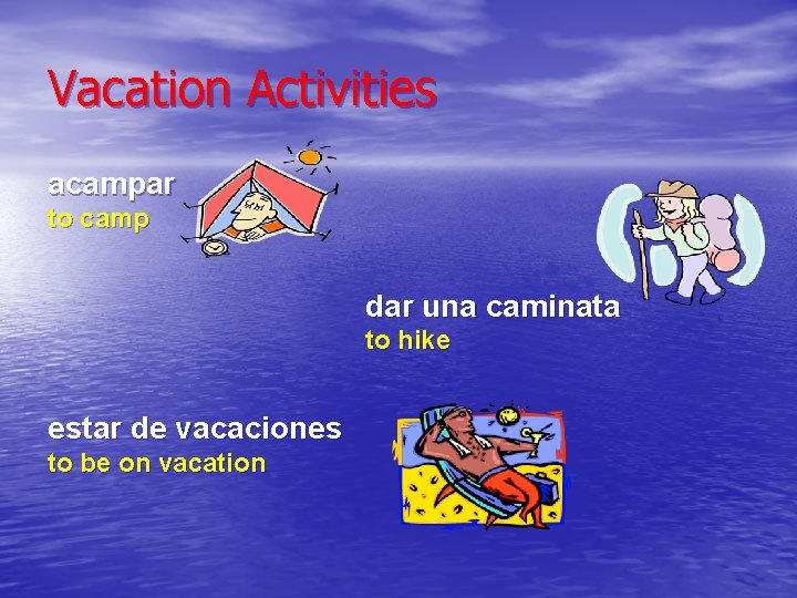 Vacation Activities acampar to camp dar una caminata to hike estar de vacaciones to