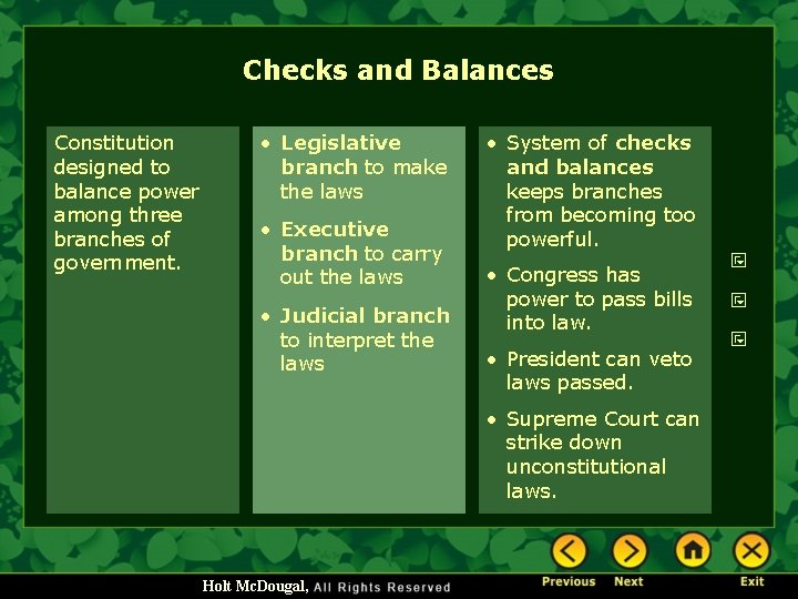 Checks and Balances Constitution designed to balance power among three branches of government. •