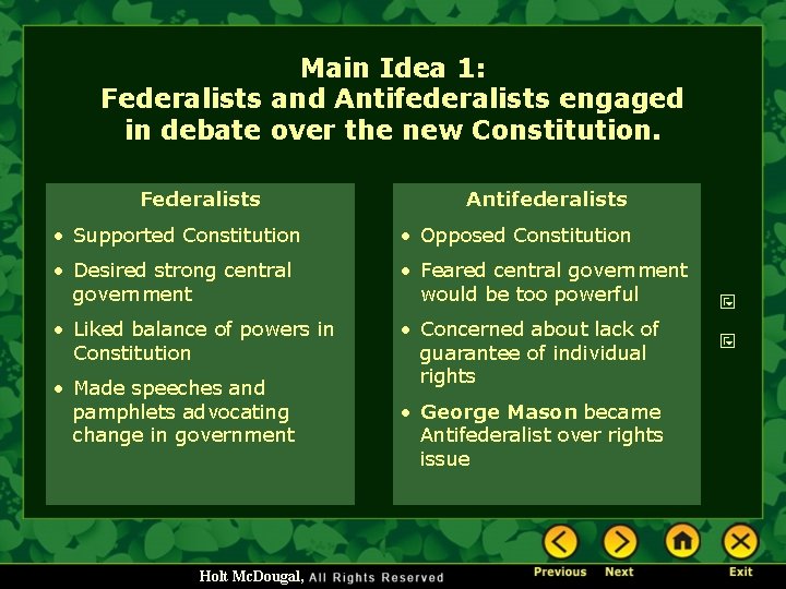 Main Idea 1: Federalists and Antifederalists engaged in debate over the new Constitution. Federalists