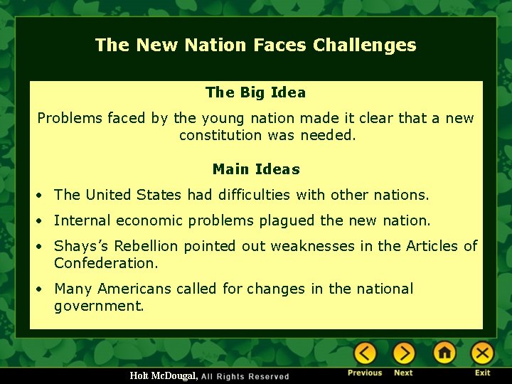The New Nation Faces Challenges The Big Idea Problems faced by the young nation
