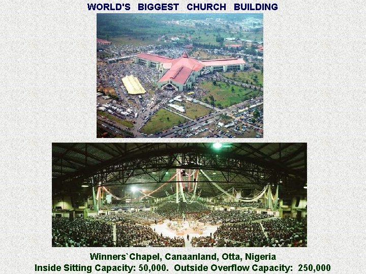 WORLD'S BIGGEST CHURCH BUILDING Winners`Chapel, Canaanland, Otta, Nigeria Inside Sitting Capacity: 50, 000. Outside