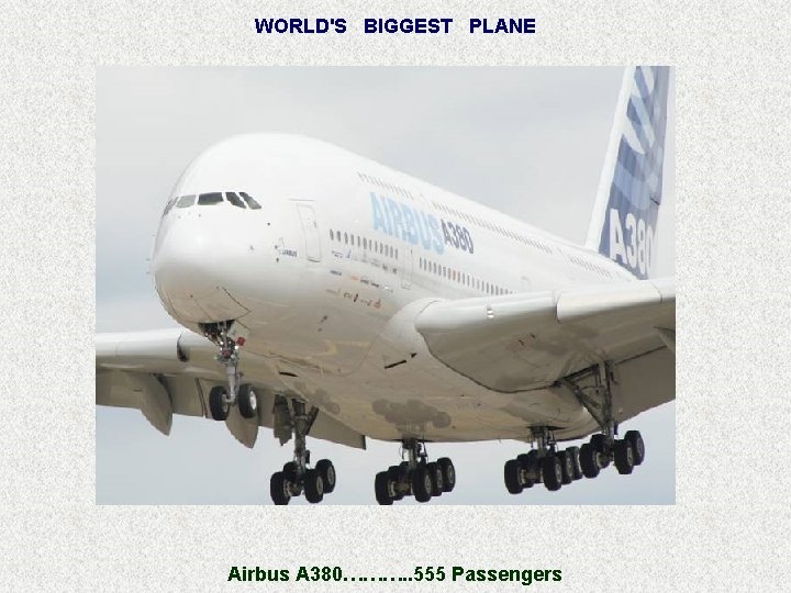 WORLD'S BIGGEST PLANE Airbus A 380………. . 555 Passengers 