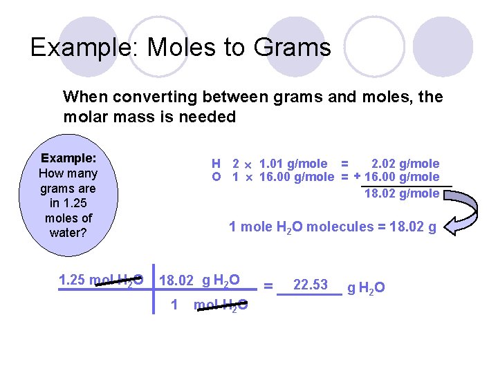 Example: Moles to Grams When converting between grams and moles, the molar mass is