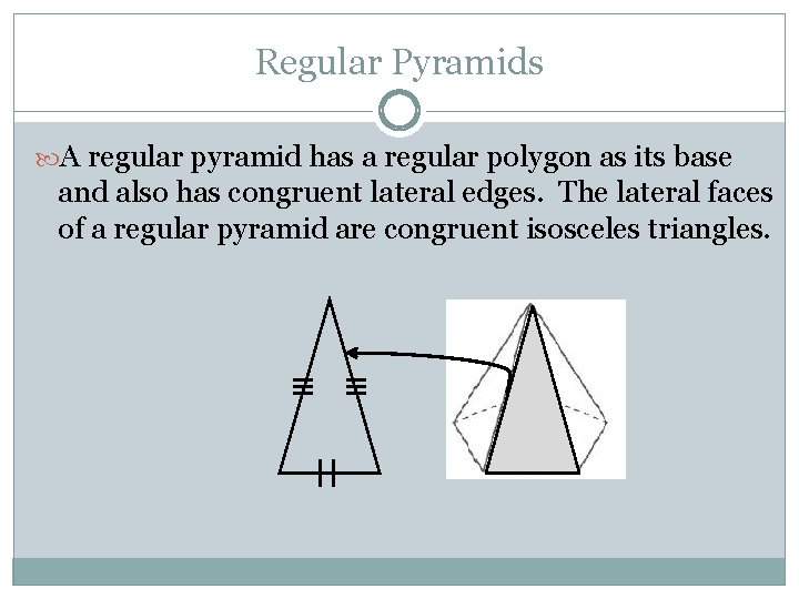 Regular Pyramids A regular pyramid has a regular polygon as its base and also