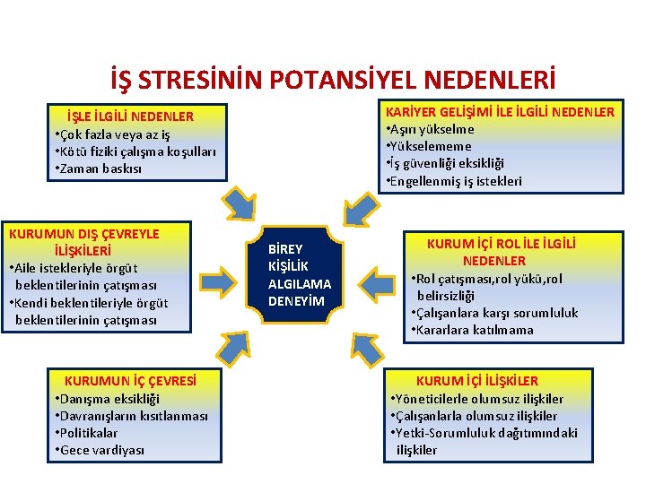 İŞ STRESİNİN POTANSİYEL NEDENLERİ KARİYER GELİŞİMİ İLE İLGİLİ NEDENLER • Aşırı yükselme • Yükselememe