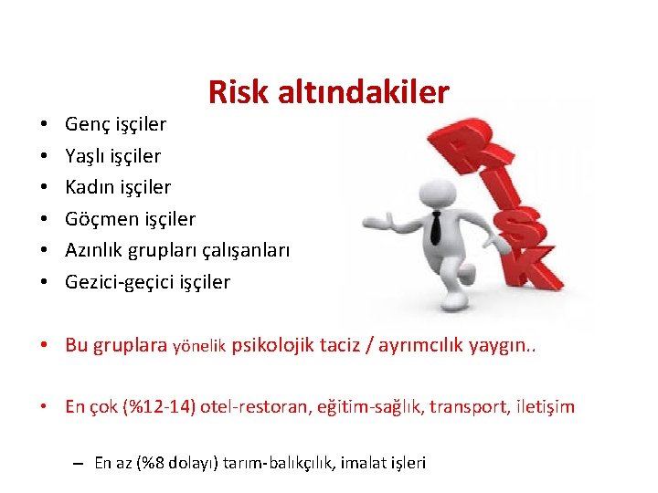  • • • Risk altındakiler Genç işçiler Yaşlı işçiler Kadın işçiler Göçmen işçiler