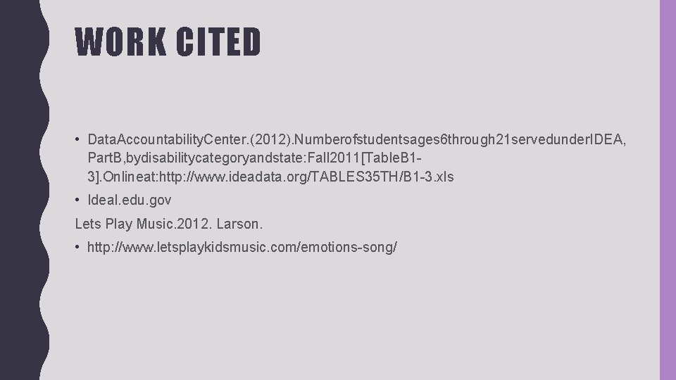 WORK CITED • Data. Accountability. Center. (2012). Numberofstudentsages 6 through 21 servedunder. IDEA, Part.