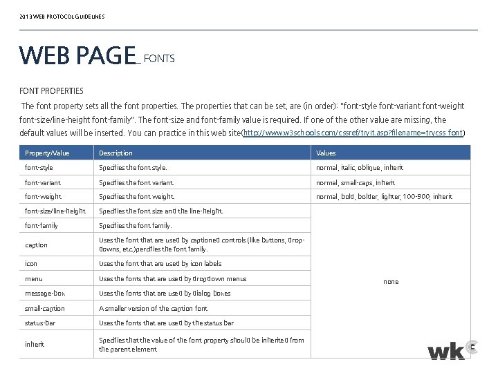 2013 WEB PROTOCOL GUIDELINES WEB PAGE_ FONTS FONT PROPERTIES The font property sets all