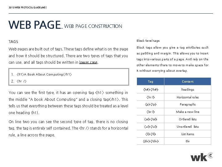 2013 WEB PROTOCOL GUIDELINES WEB PAGE_ WEB PAGE CONSTRUCTION TAGS Block-level tags Web pages