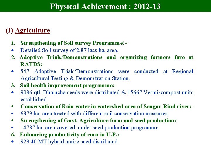 Physical Achievement : 2012 -13 (I) Agriculture 1. Strengthening of Soil survey Programme: -