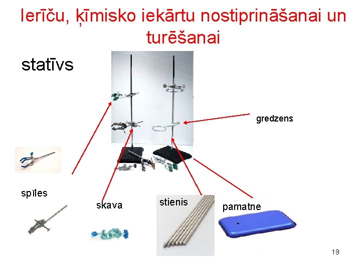 Ierīču, ķīmisko iekārtu nostiprināšanai un turēšanai statīvs gredzens spīles skava stienis pamatne 19 