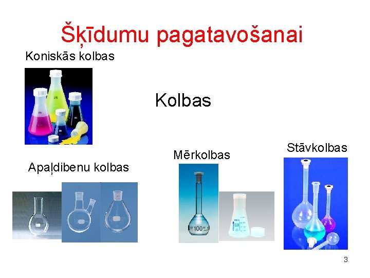 Šķīdumu pagatavošanai Koniskās kolbas Kolbas Apaļdibenu kolbas Mērkolbas Stāvkolbas 3 